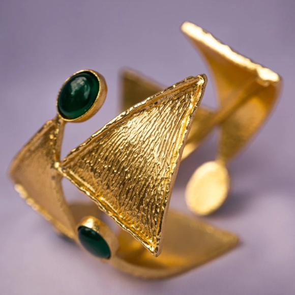 NEW! Gold Statement Bracelet Cuff in Green Onyx ~ Brass Handmade jewelry ~ Gold - Picture 5 of 11